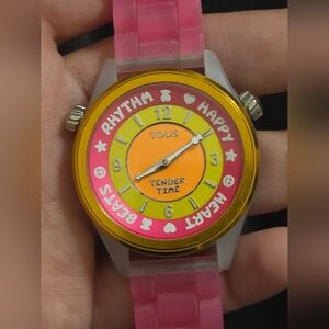 Steel TOUS Tender Time Watch with pink silicone strap and yellow dial